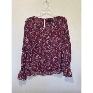 Women’s White House Black Market Wine Floral Bell Sleeve Blouse Shirt, size 12 M